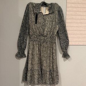 Lucy Paris Black & White Textured Long Sleeve Smocked Waist Dress
